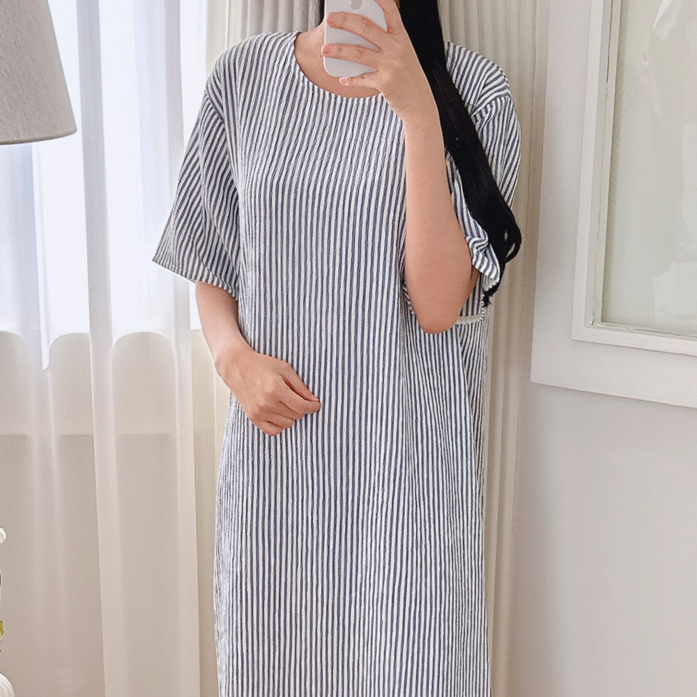 반팔 시어서커 원피스 빅사이즈 스트라이프 여름 롱원피스 지지미 휴양지 블랙 하늘색 - 상세 이미지 4