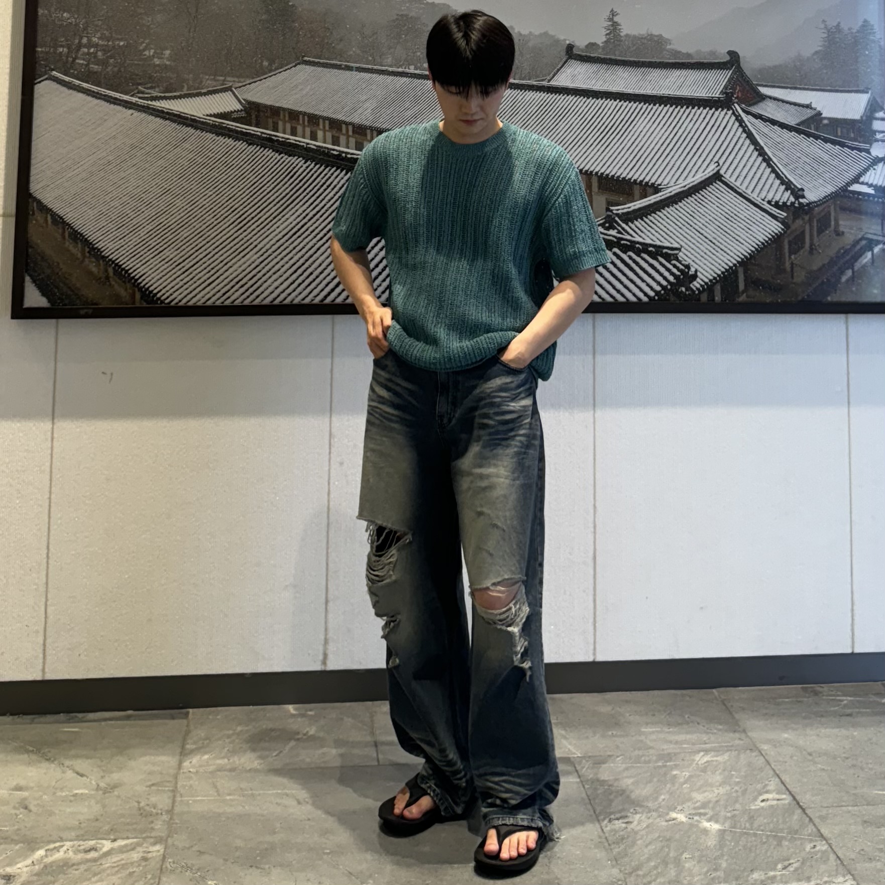 남자 와이드 청바지 찢어진 데님 중청 찢청 이미지 6