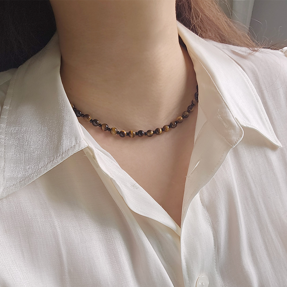 브라운 호안석 재물운 남자 여자 원석 염주 써지컬스틸 목걸이 - 상세 이미지 2