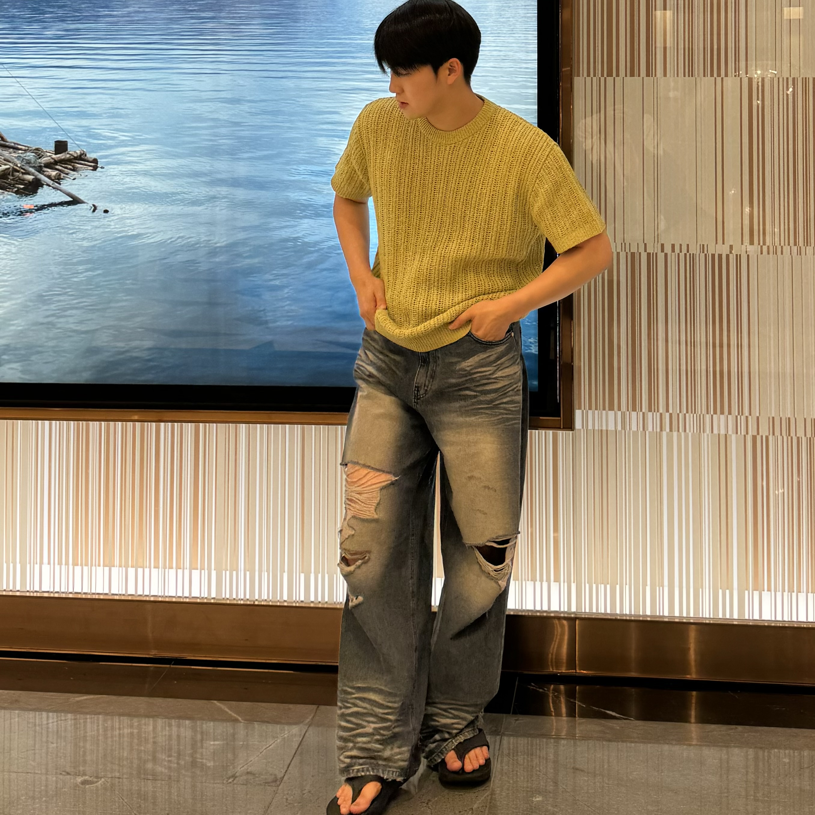 남자 와이드 청바지 찢어진 데님 중청 찢청 - 상세 이미지 5