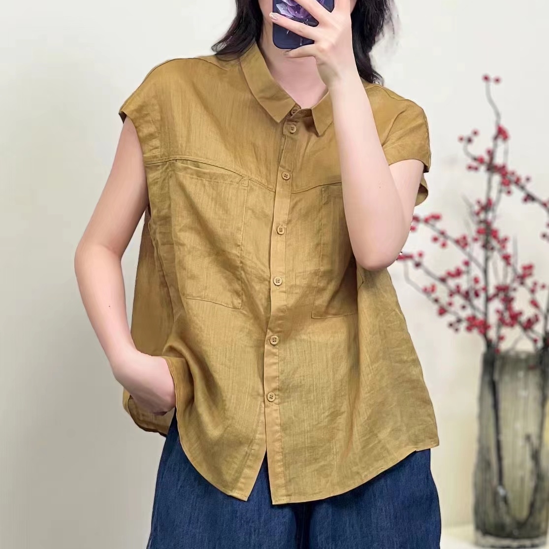 린넨블라우스 민소매 모시블라우스 캡소매 여름 미시옷 - 상세 이미지 3