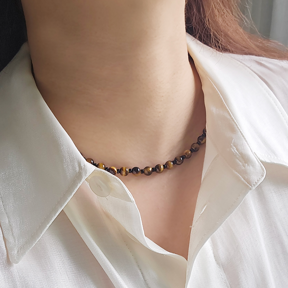 브라운 호안석 재물운 남자 여자 원석 염주 써지컬스틸 목걸이 - 상세 이미지 3