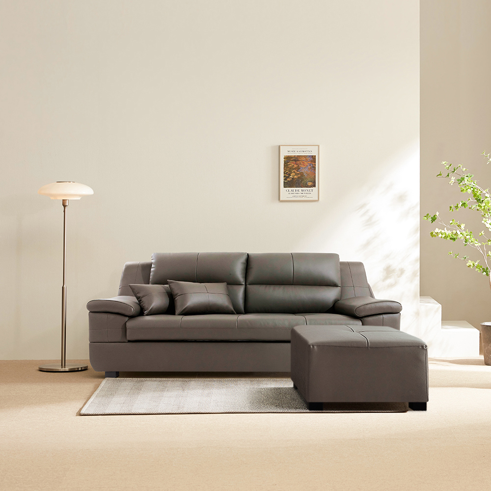 동서가구 천연 면피가죽 테라 소파 스툴포함, 그레이, 3인용