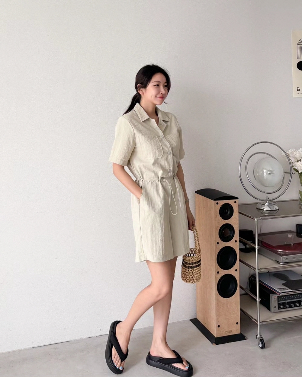 바스락 아노락 점프수트 여름 여성 반바지 카라 반팔 스트링 와이드 점프수트 팬츠 이미지 7