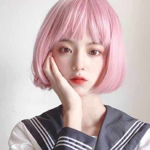 핑크 숏컷 가발 코스프레 패션 핫핑크 단발 : 레이스블라우스