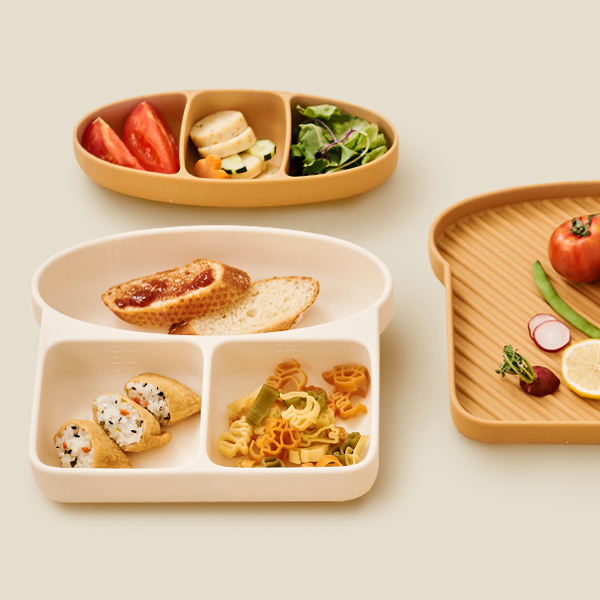 퍼기 5구 이유식 흡착식판 실리콘 유아 식기 토스트브라운