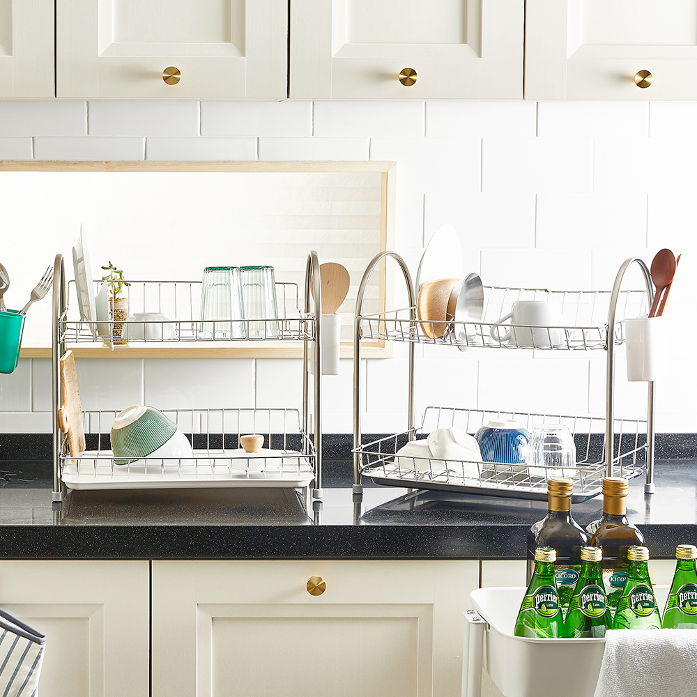 할메이드 물받침 쟁반 물빠짐 일체형 스텐 식기건조대 2단