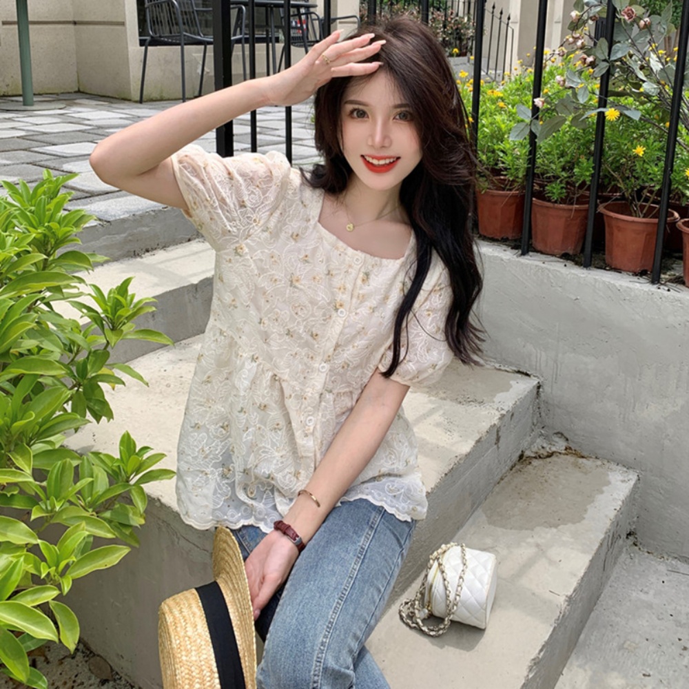 스퀘어넥 꽃무늬 블라우스 반팔 자수 뱃살커버 날씬해보이는 청순 얇은 여름 - 상세 이미지 3