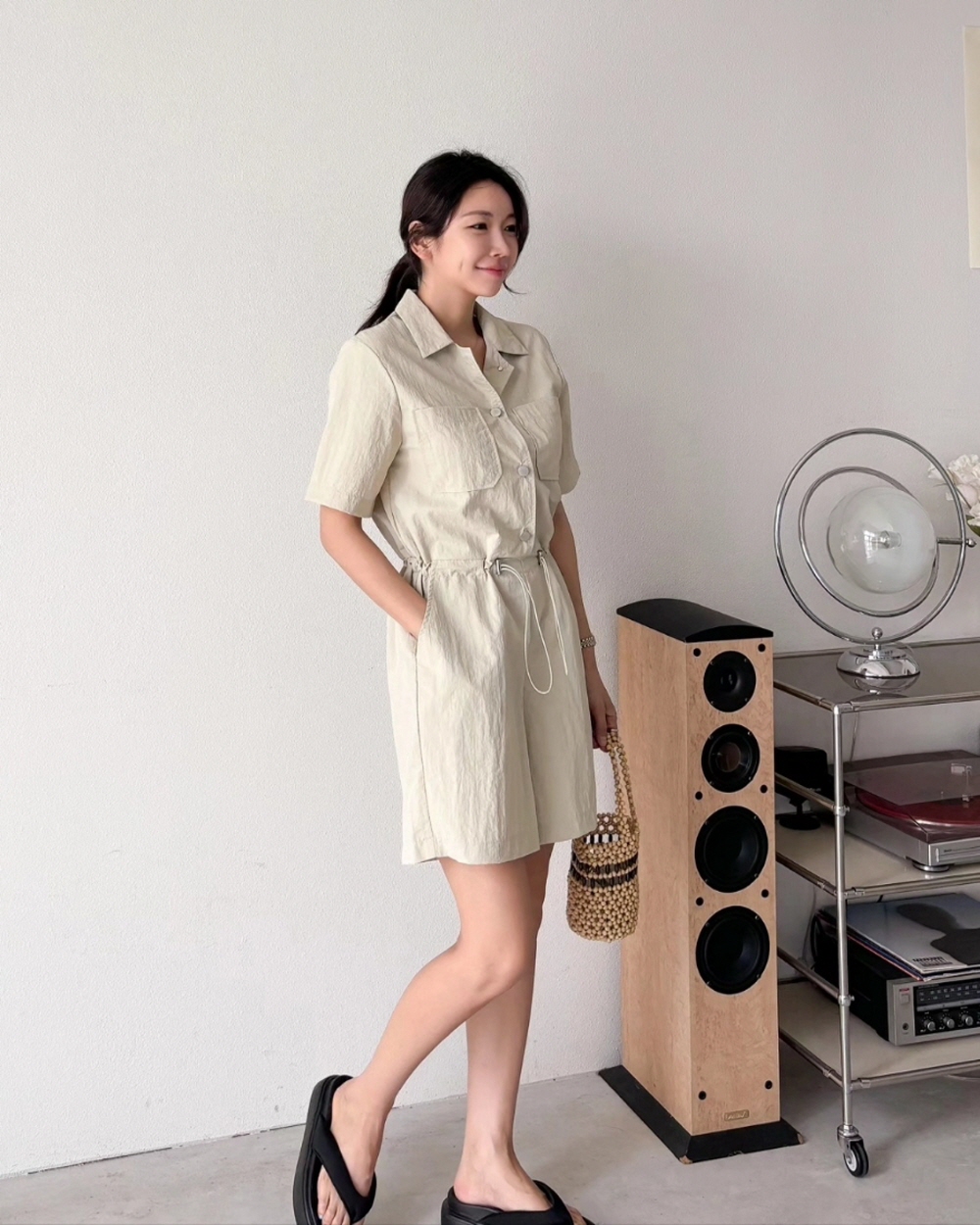 바스락 아노락 점프수트 여름 여성 반바지 카라 반팔 스트링 와이드 점프수트 팬츠 이미지 6