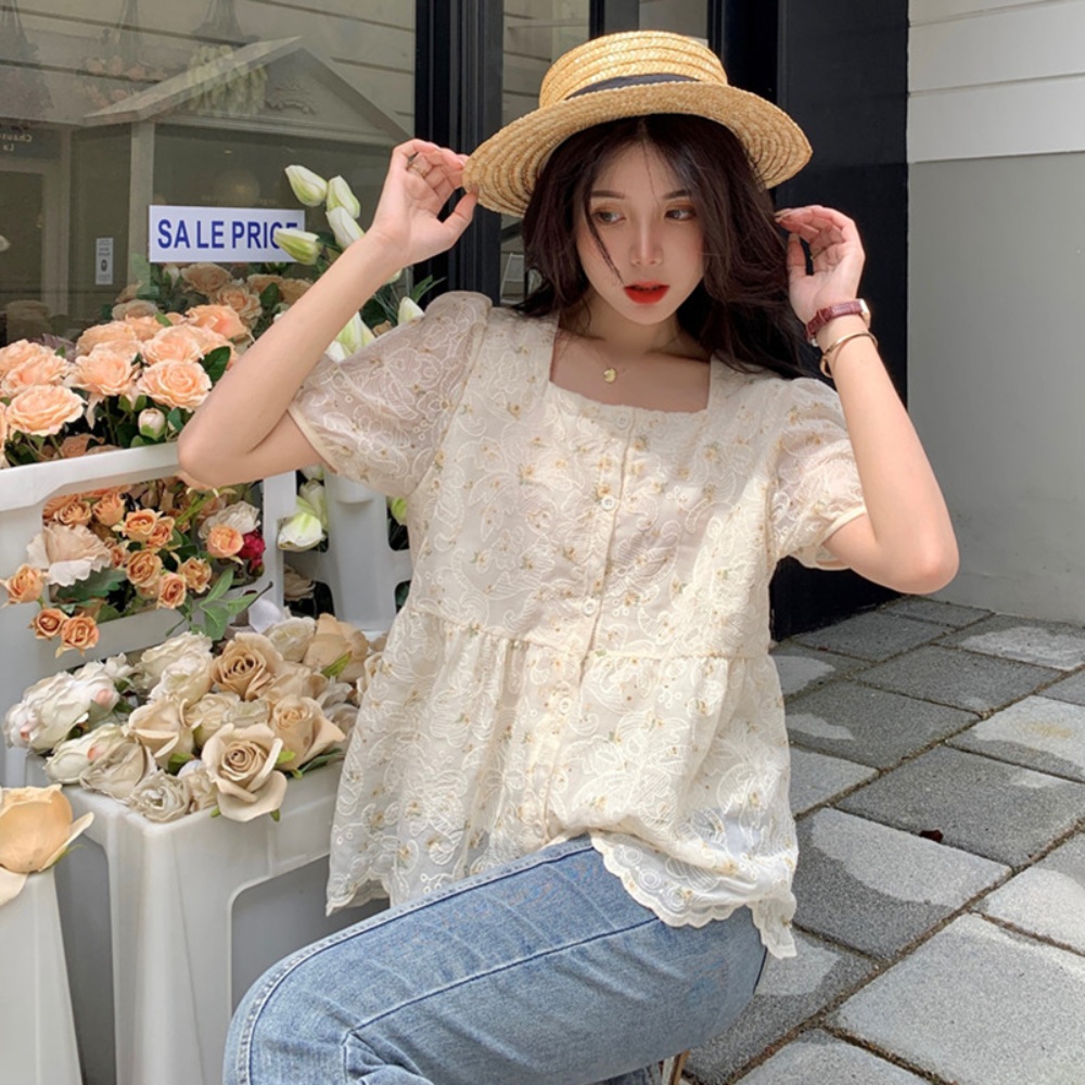 스퀘어넥 꽃무늬 블라우스 반팔 자수 뱃살커버 날씬해보이는 청순 얇은 여름 - 상세 이미지 2