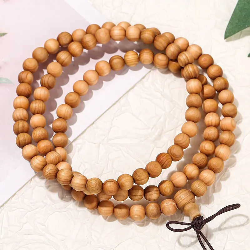 108 염주 JD 천연 Thuja 나무 부다 비즈 팔찌 빈티지 수제 요가 기도 명상 손목 Mala 남녀공용 쥬얼리 : 엠엔제이33