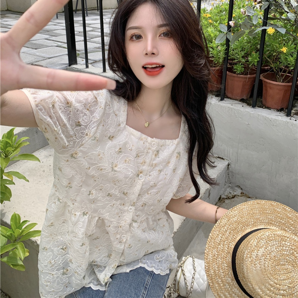 스퀘어넥 꽃무늬 블라우스 반팔 자수 뱃살커버 날씬해보이는 청순 얇은 여름 - 상세 이미지 4
