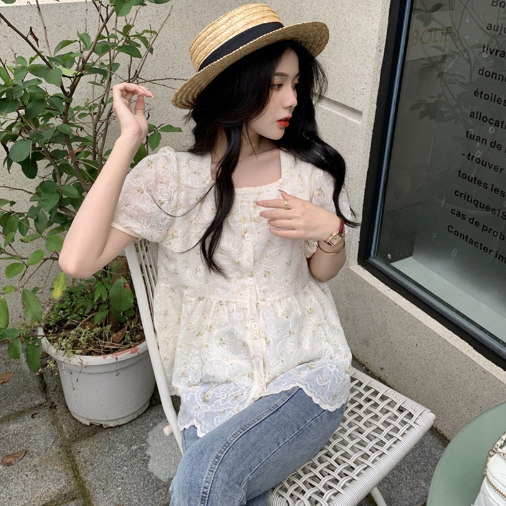 스퀘어넥 꽃무늬 블라우스 반팔 자수 뱃살커버 날씬해보이는 청순 얇은 여름 - 상세 이미지 5