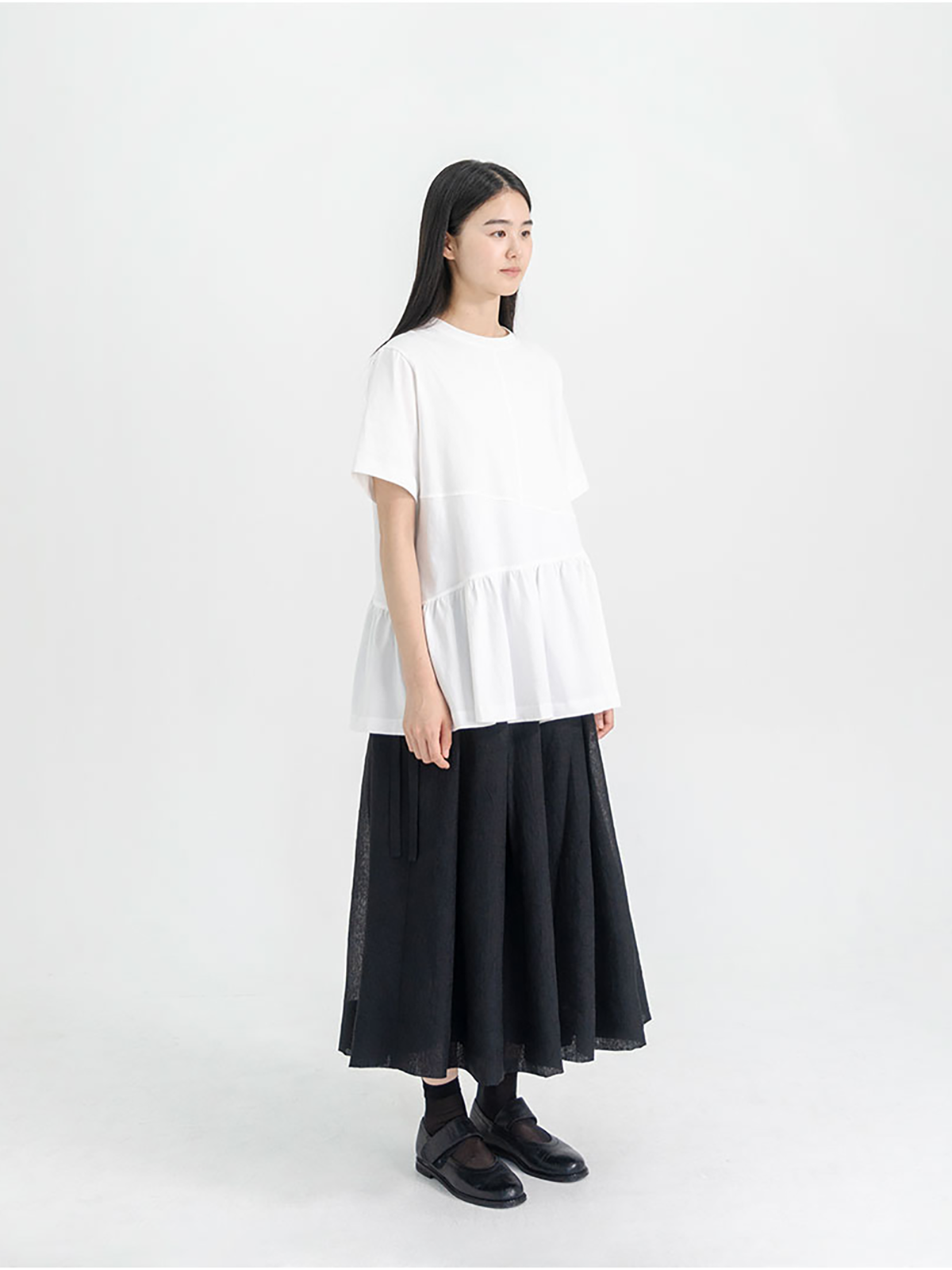 유노이아 EUNOIA HALF SLEEVE CUT LINE FRILL T SHIRT WHITE : TRIPLESTORE