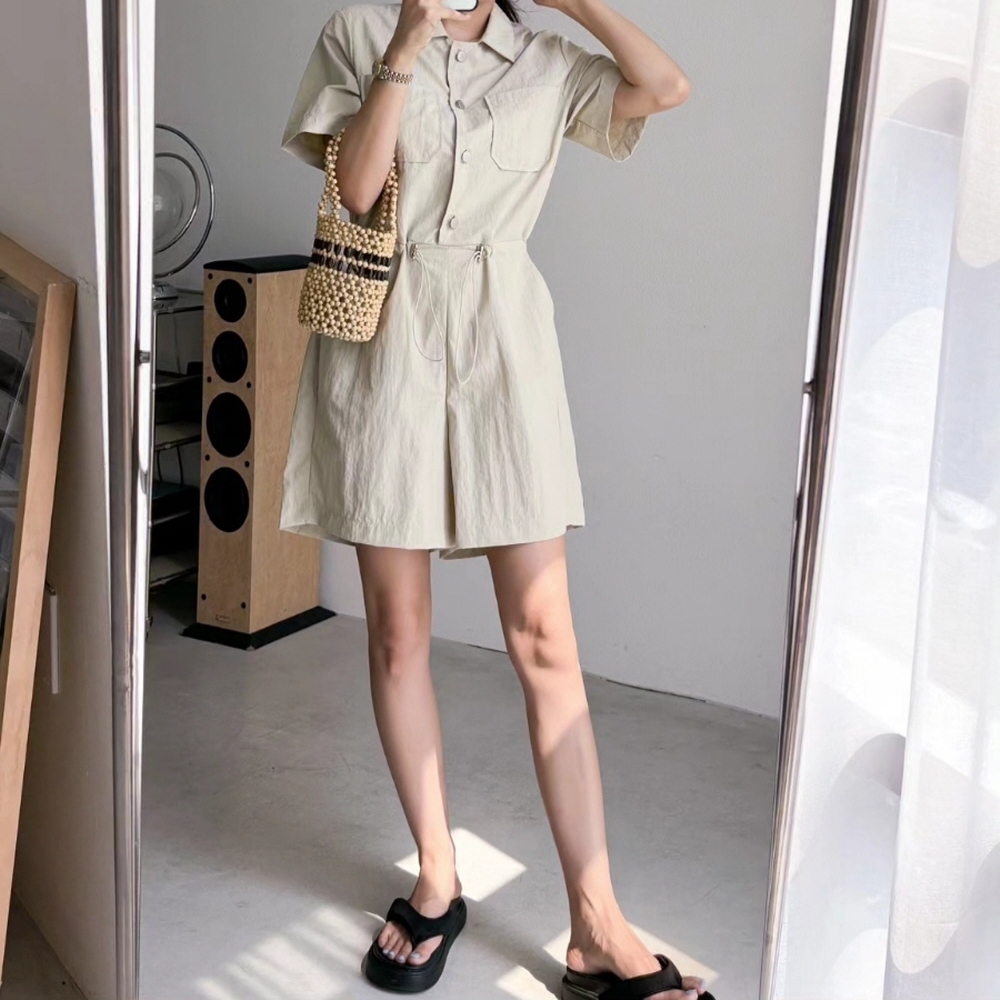 바스락 아노락 점프수트 여름 여성 반바지 카라 반팔 스트링 와이드 점프수트 팬츠 - 상품 이미지