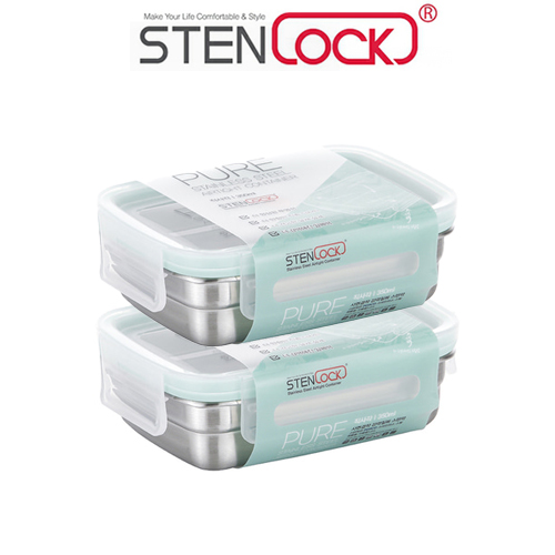 스텐락 스텐 반찬통 냉장고 정리 퓨어 직사각 밀폐용기 3호 350ml 2개 세트 - 상품 이미지