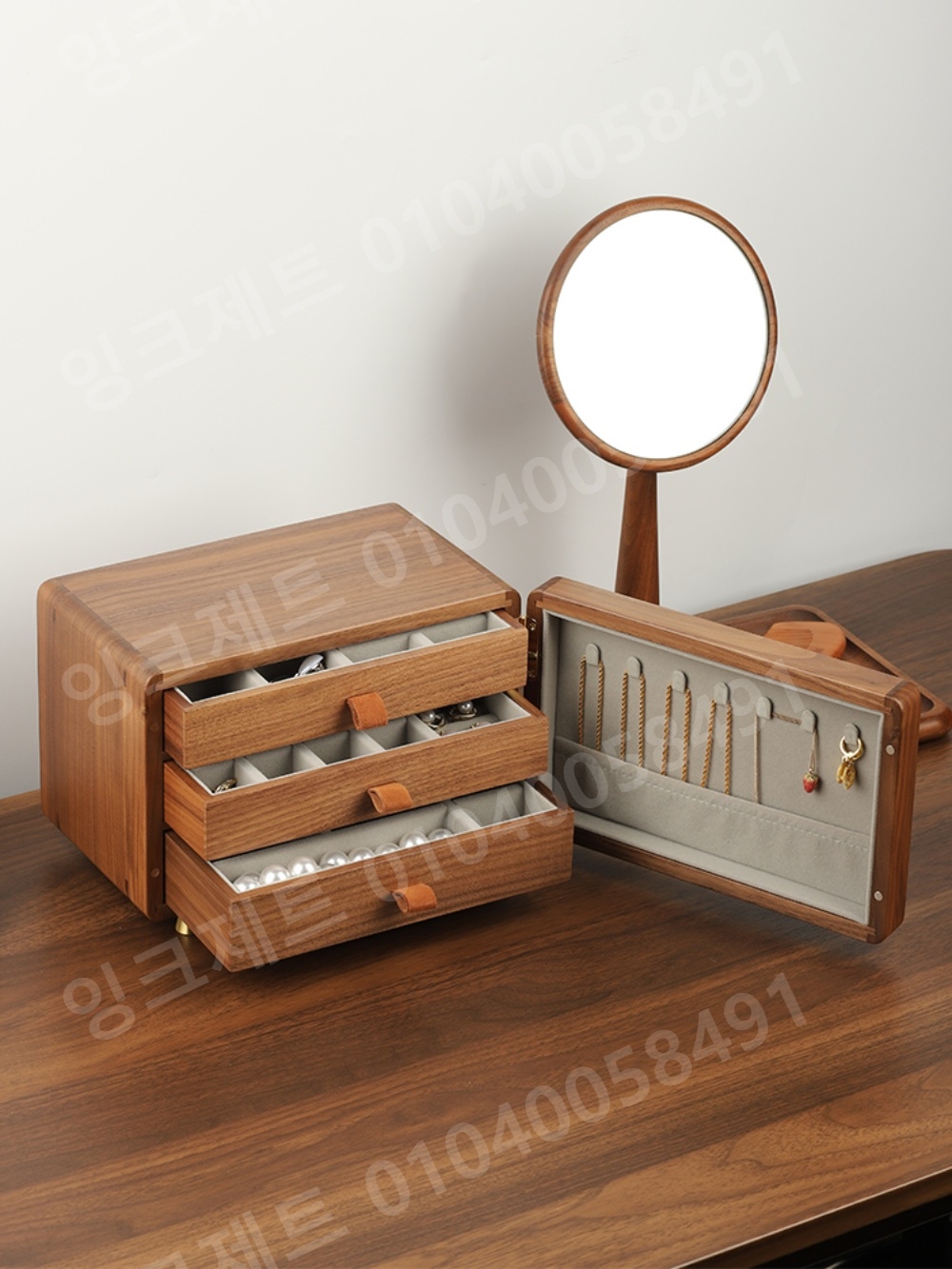보석상자 우드 나무함 주얼리 귀걸이 잠금 수납함 3단 - 상품 이미지