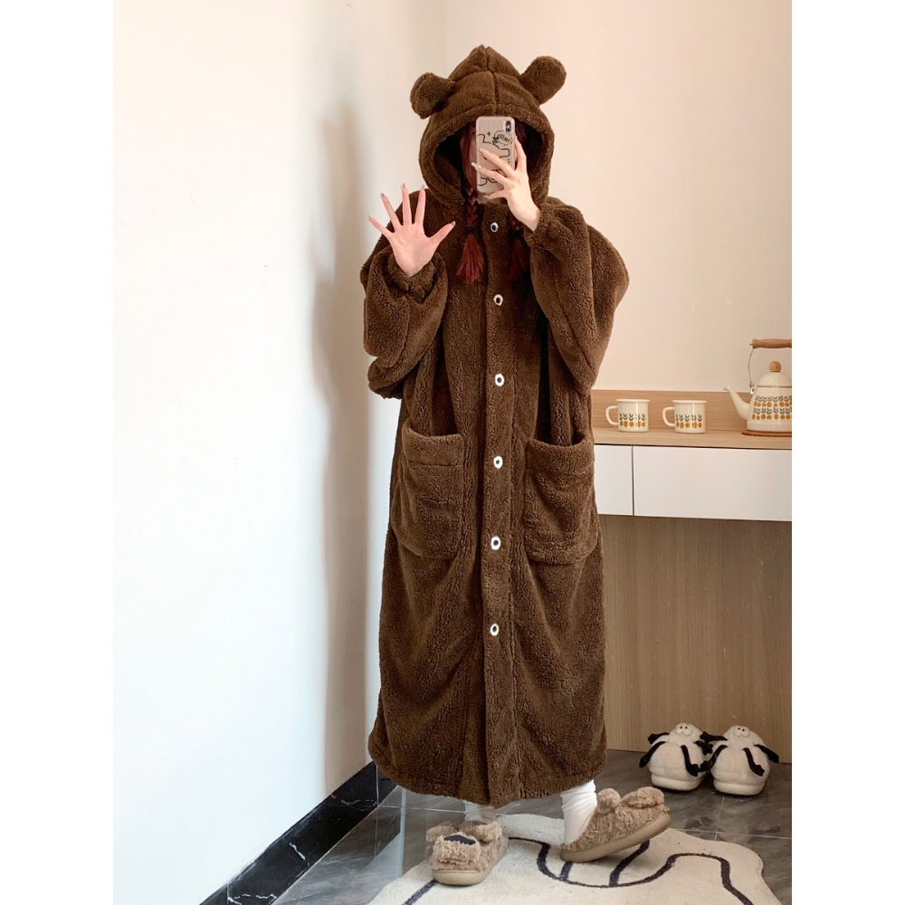 곰돌이 수면 잠옷 원피스 테디베어 귀 극세사 후드 홈웨어 두꺼운 경량 브라운 - 상품 이미지