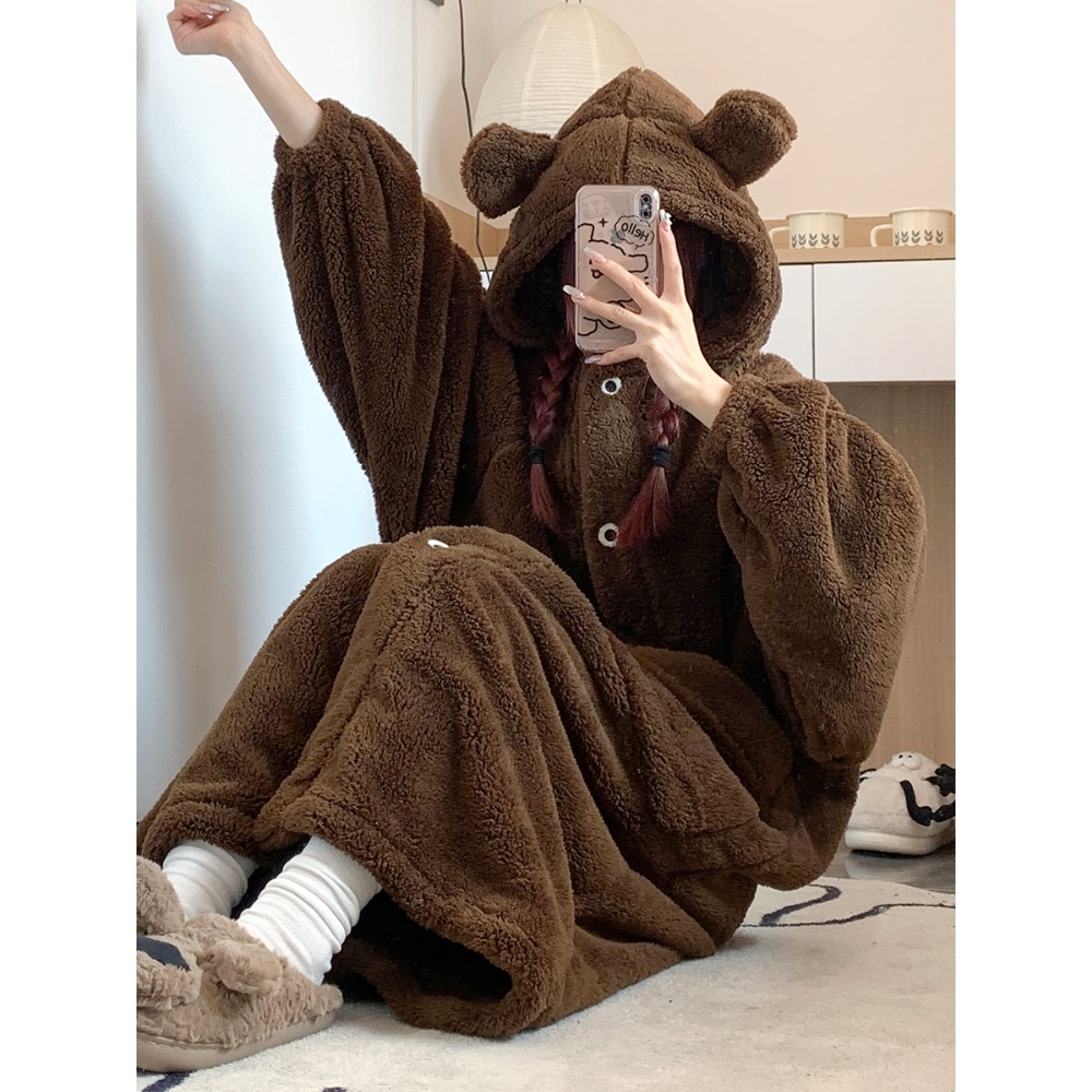 곰돌이 수면 잠옷 원피스 테디베어 귀 극세사 후드 홈웨어 두꺼운 경량 브라운 - 상세 이미지 4
