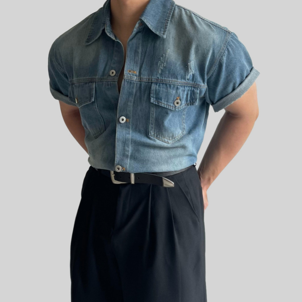 남자데님셔츠 남자청남방 반팔남방 투포켓셔츠 - 상세 이미지 3