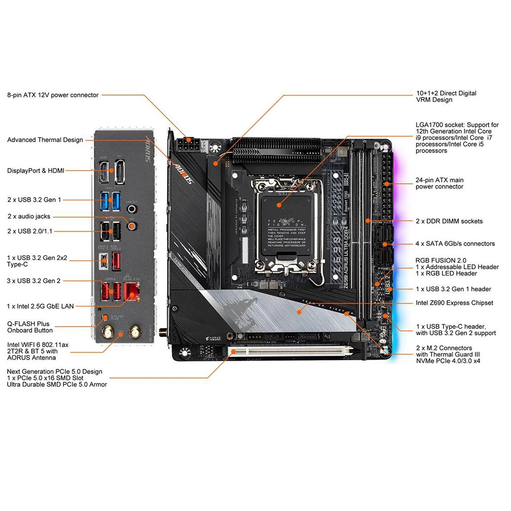 기가 바이트호환 2xDDR4 64GB LGA1700 Z690 미니 ITX 데스크탑 마더보드 Z690I AORUS ULTRA DDR4