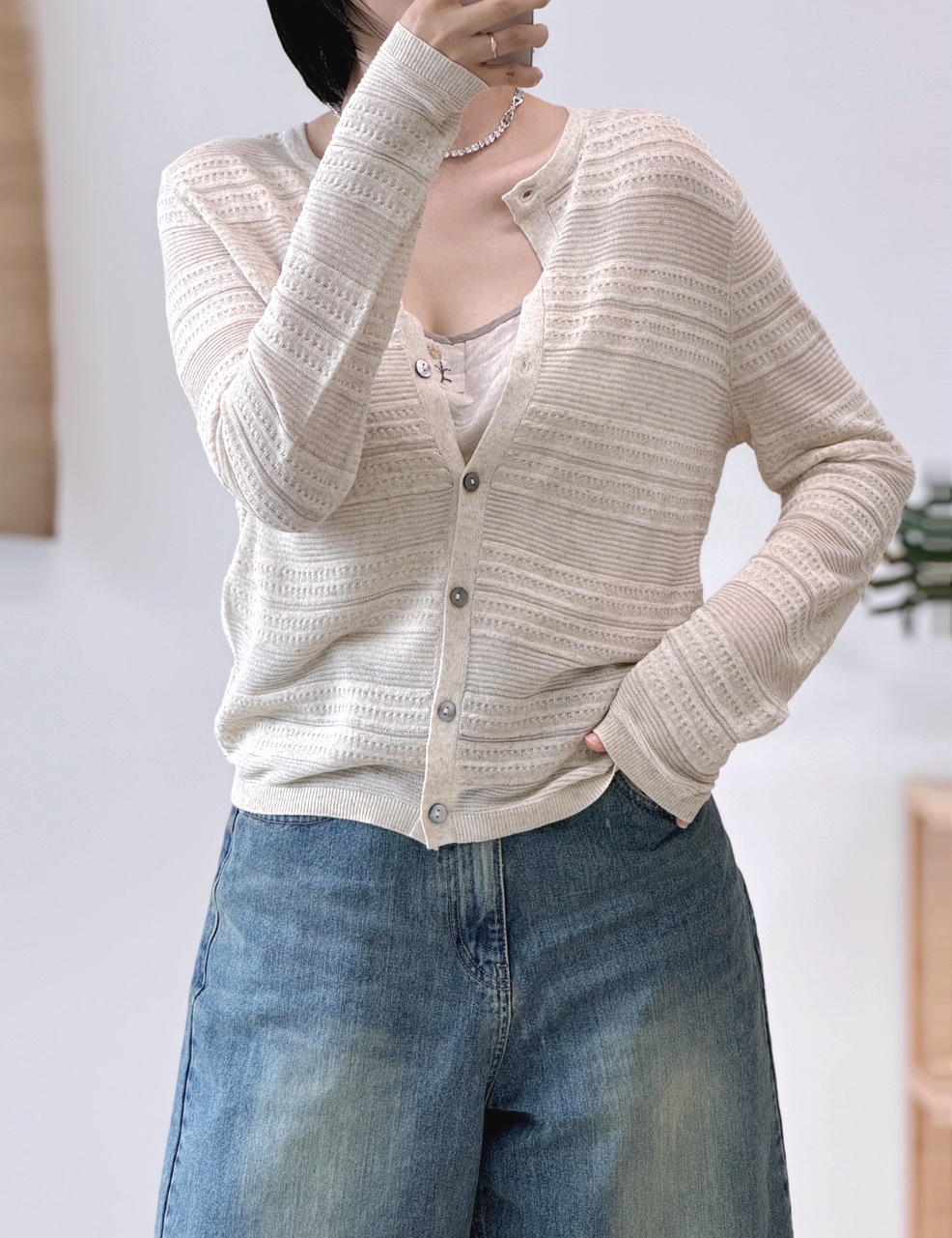살안타템 시원한 시스루 니트 긴팔가디건 루즈핏 기본 비치가디건 - 상품 이미지