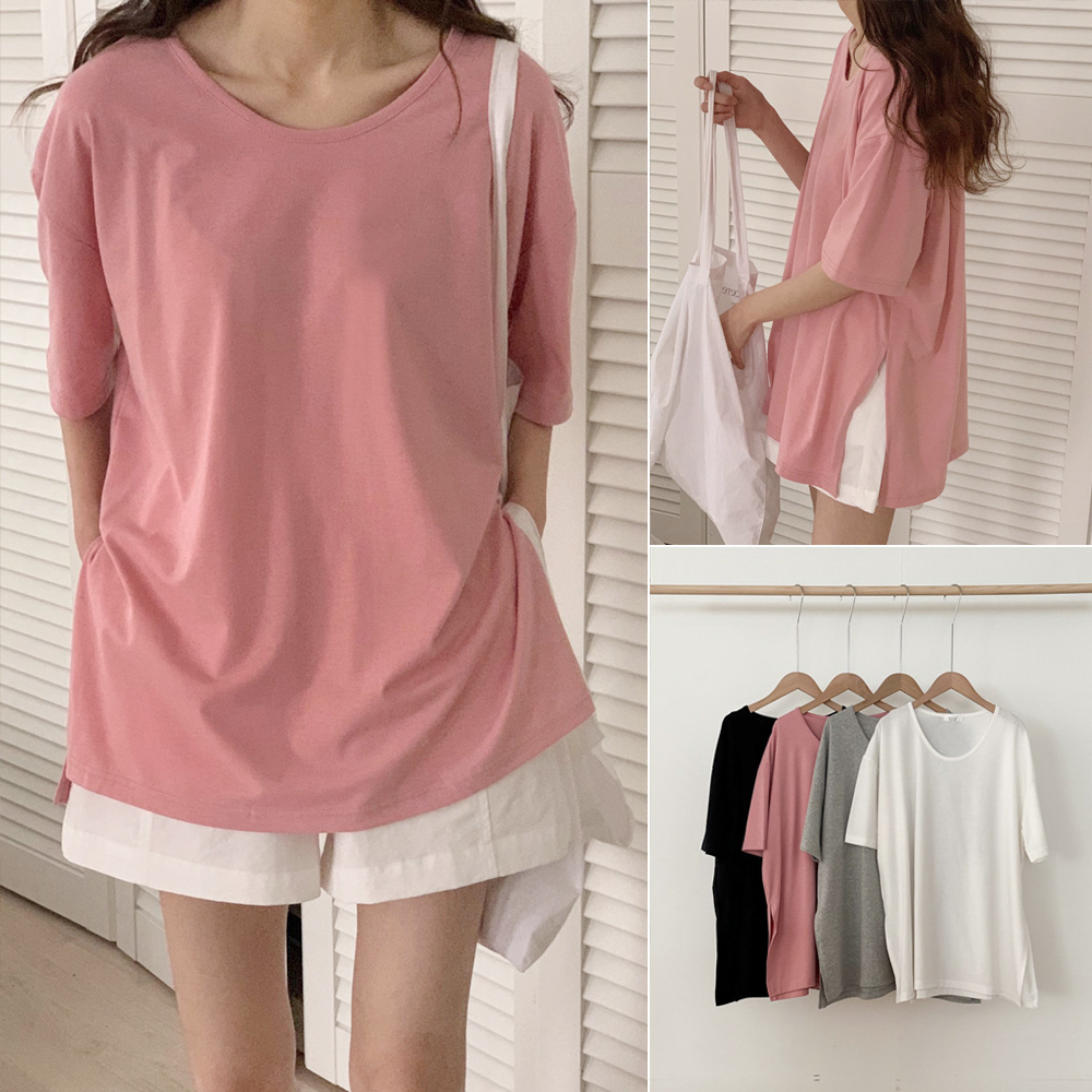 루즈핏 옆트임 레이어드 박스 티셔츠 여름 여성 티셔츠 이너 유넥 여자 반팔티 롱티 핑크