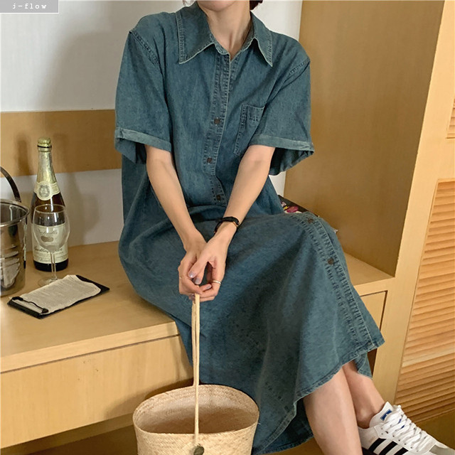 브로 데님 카라 오버핏 셔츠 롱 원피스 2col 봄 여름 숄니트세트 맥시 반팔 제이플로우