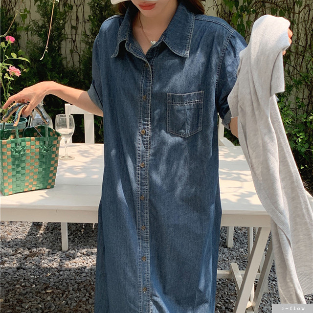 브로 데님 카라 오버핏 셔츠 롱 원피스 2col 봄 여름 숄니트세트 맥시 반팔 제이플로우