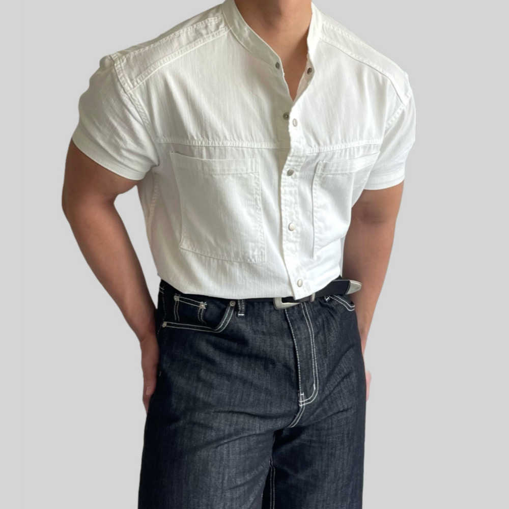 머슬핏셔츠 반팔남방 남자데님셔츠 웨스턴셔츠 - 상품 이미지