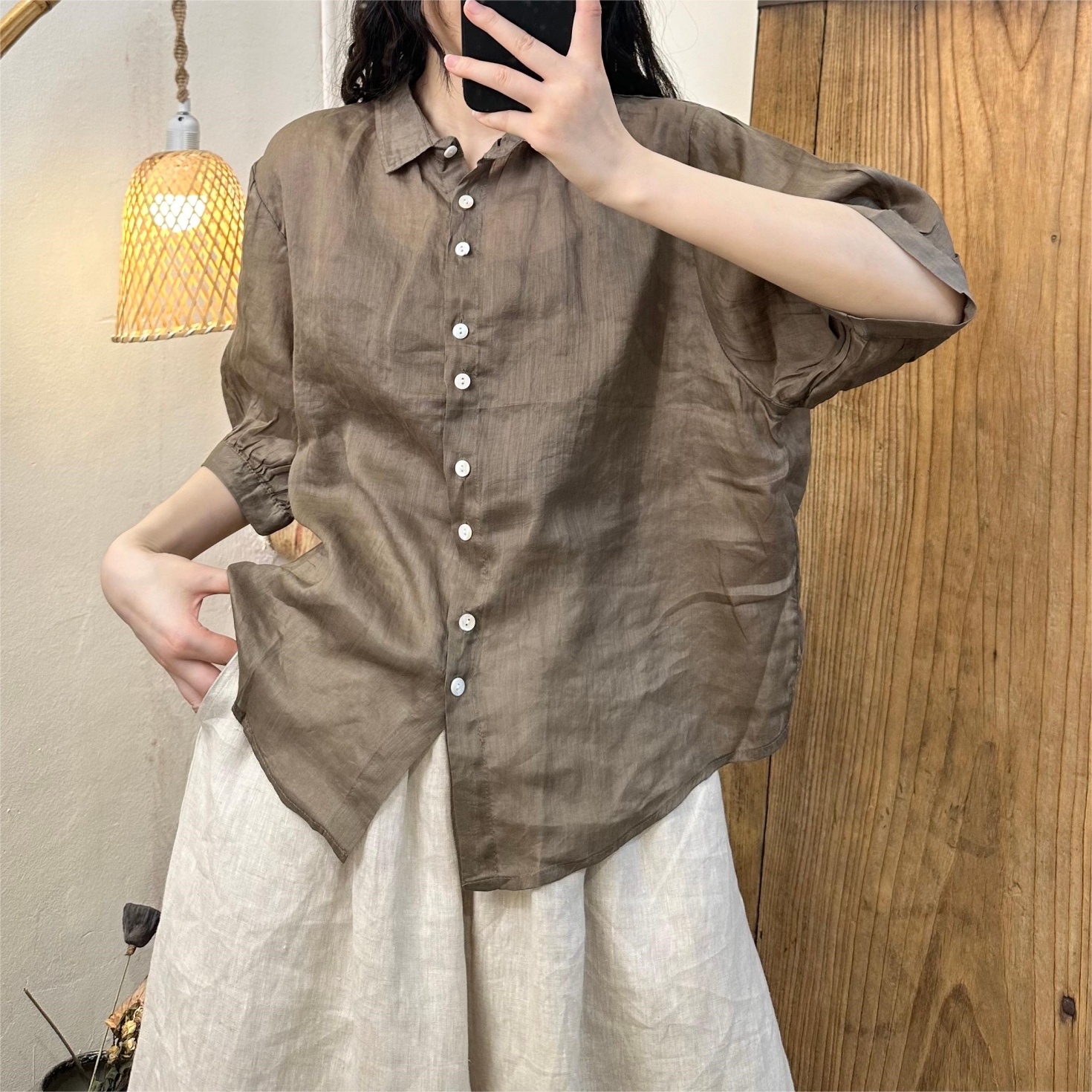 린넨블라우스 여름 모시블라우스 루즈핏 오버핏 미시옷 - 메인 이미지