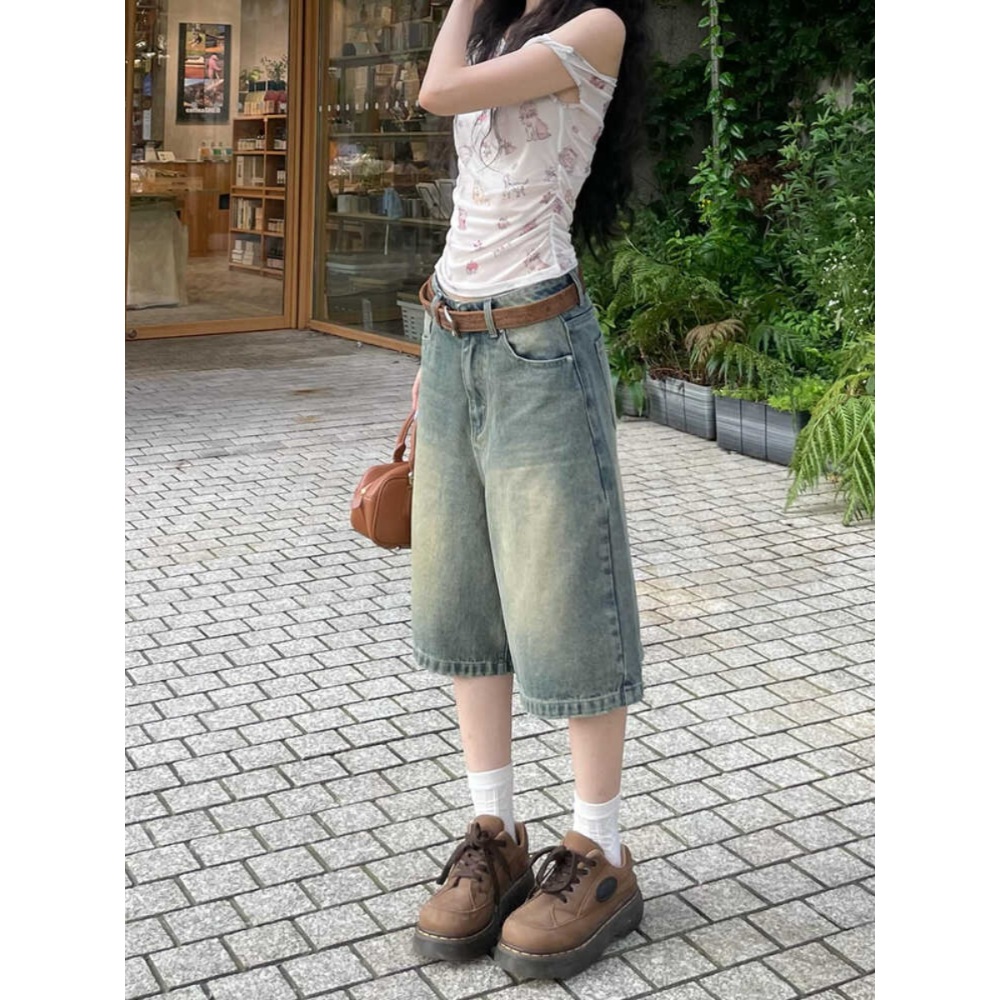 데님 워싱 버뮤다팬츠 스트릿 패션 5부 7부 레트로 하이웨스트 빈티지 와이드 - 상세 이미지 3