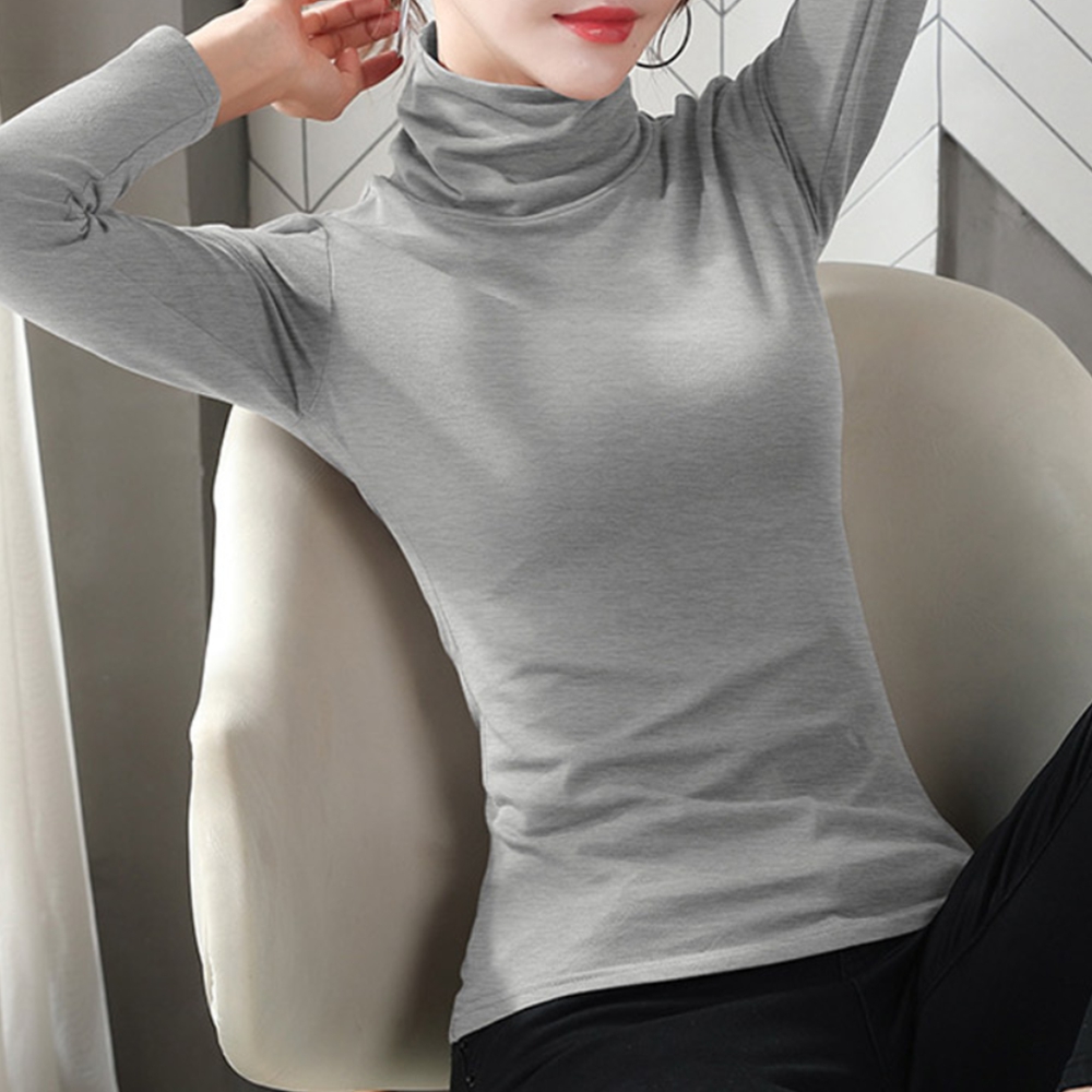 부드러운 하이넥 여성긴팔티셔츠 편안한 슬림핏 레이어드티 긴팔목티 - 상품 이미지