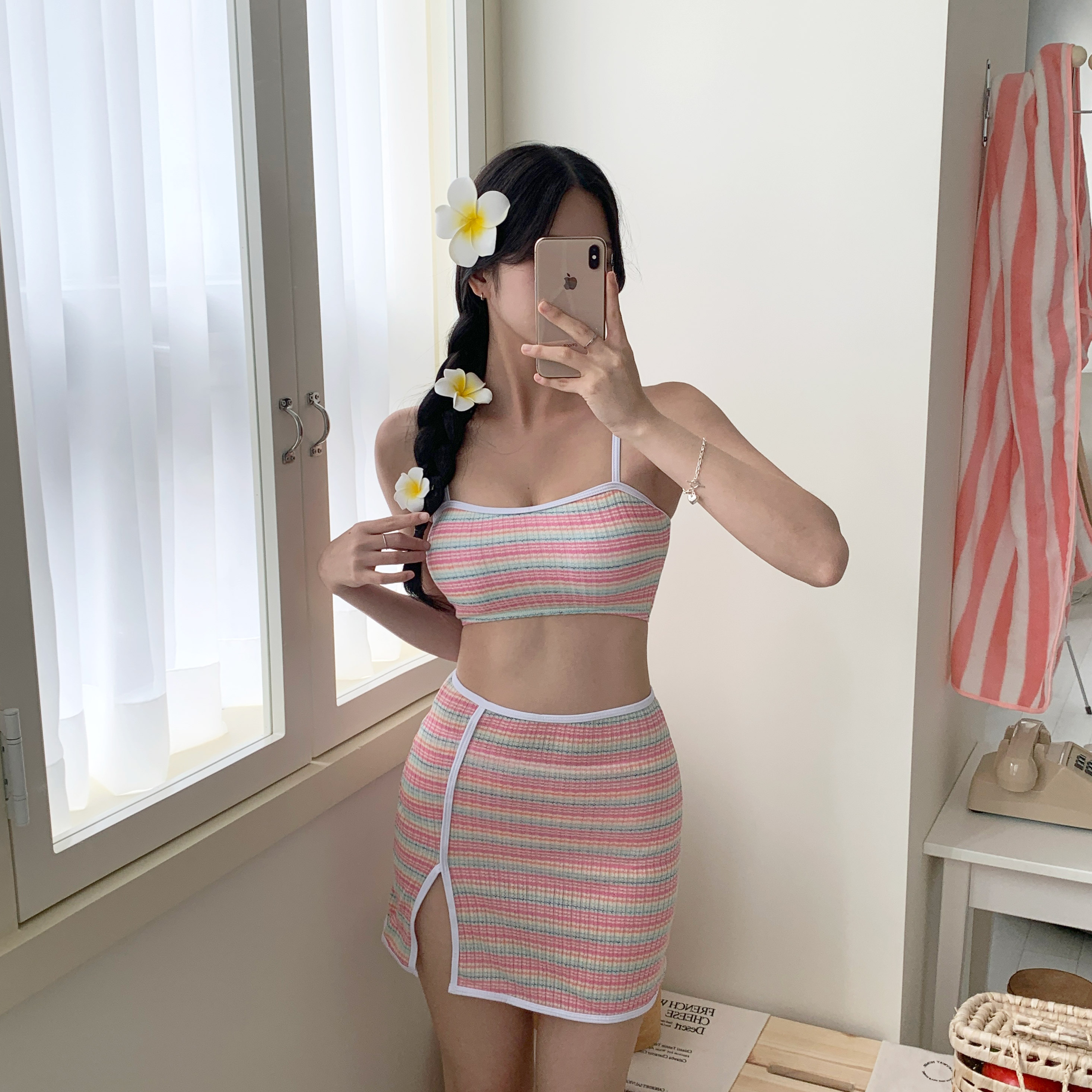 [3피스SET] 클레오 스트라이프 단가라 비키니 트임 스커트 치마 해외여행 물놀이 수영복 세트 상세 이미지 6