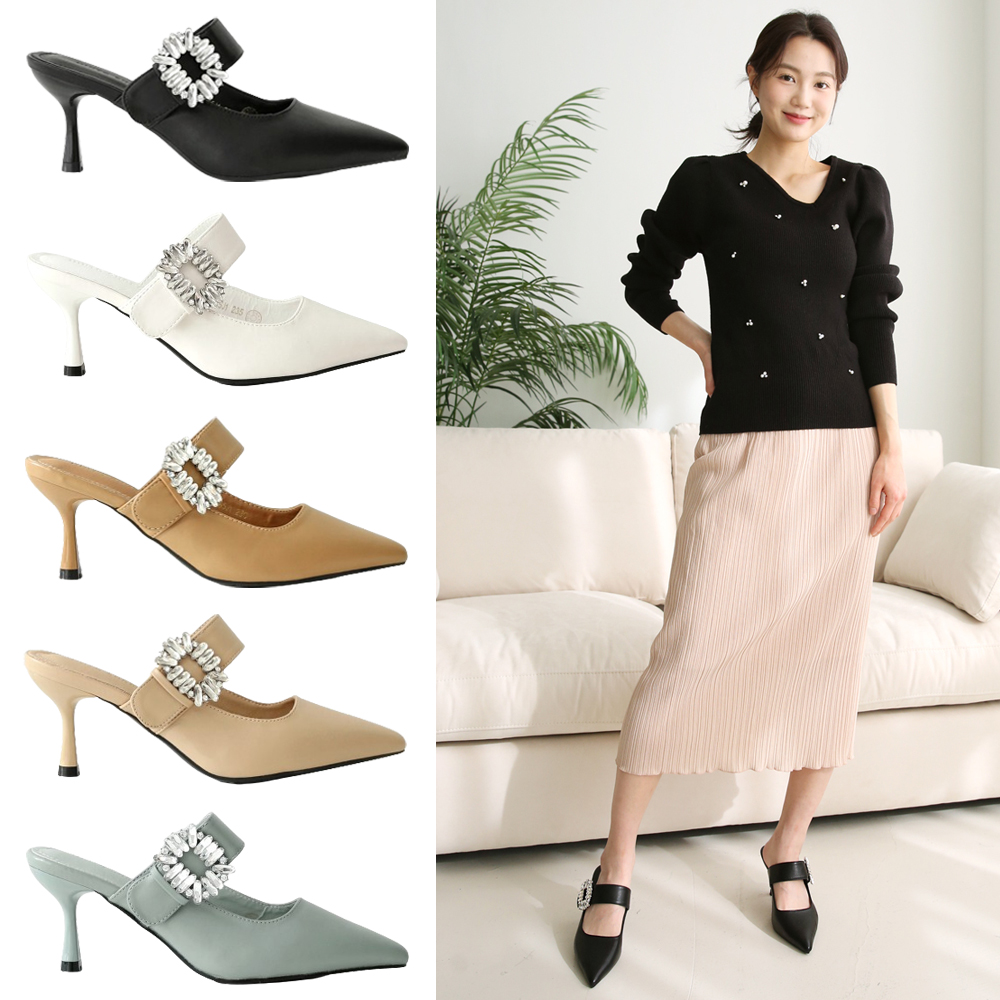 스틸레토 뮬슬리퍼 여성 큐빅슬리퍼 뮬힐