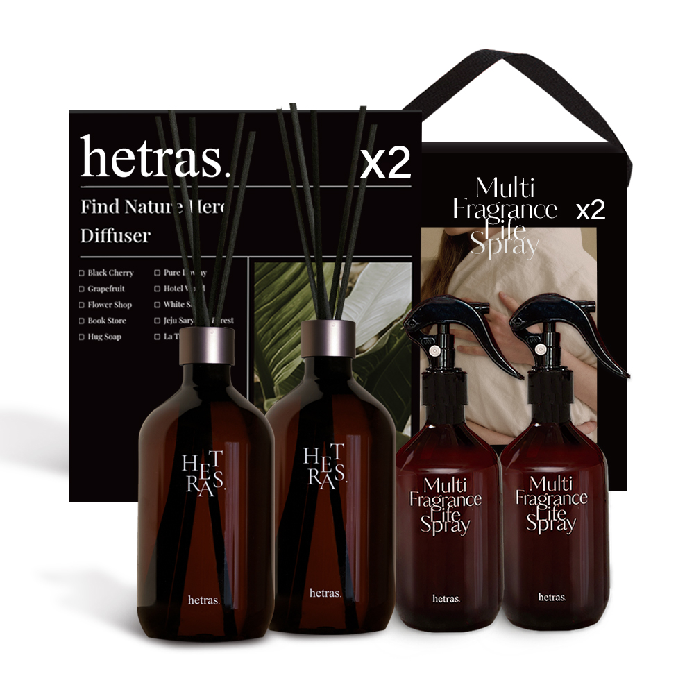 헤트라스 프리미엄 대용량 디퓨저 500ml 2개 + 멀티스프레이 섬유탈취제 300ml 2개 선물세트