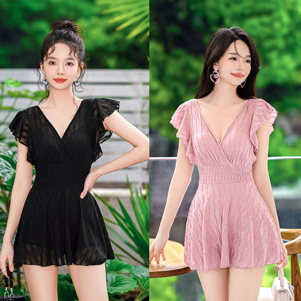 빅사이즈 원피스 수영복 여성 체형커버 반팔수영복 - 상품 이미지