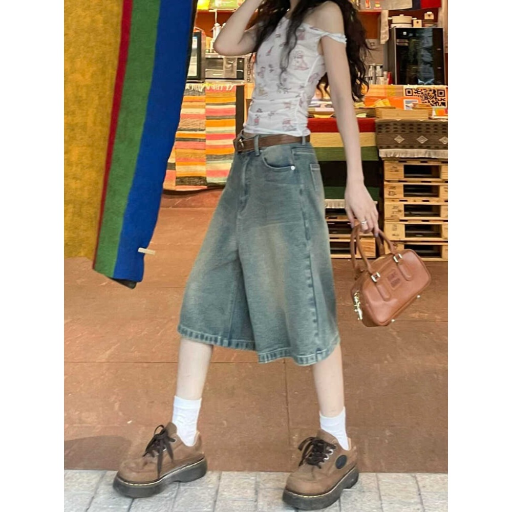 데님 워싱 버뮤다팬츠 스트릿 패션 5부 7부 레트로 하이웨스트 빈티지 와이드 - 상세 이미지 2