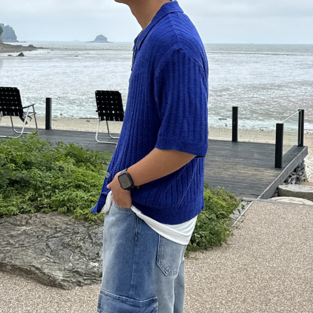 남자 레블 오버핏 여름 린넨 골지 반팔 카라 가디건 - 상세 이미지 5