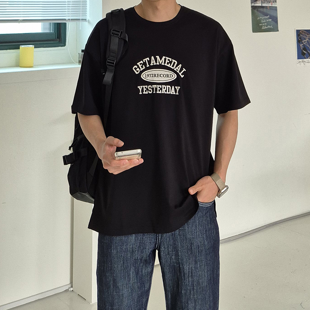 남자 반팔티 오버핏 나염 프린팅 커플 자수 반팔티 - 상품 이미지