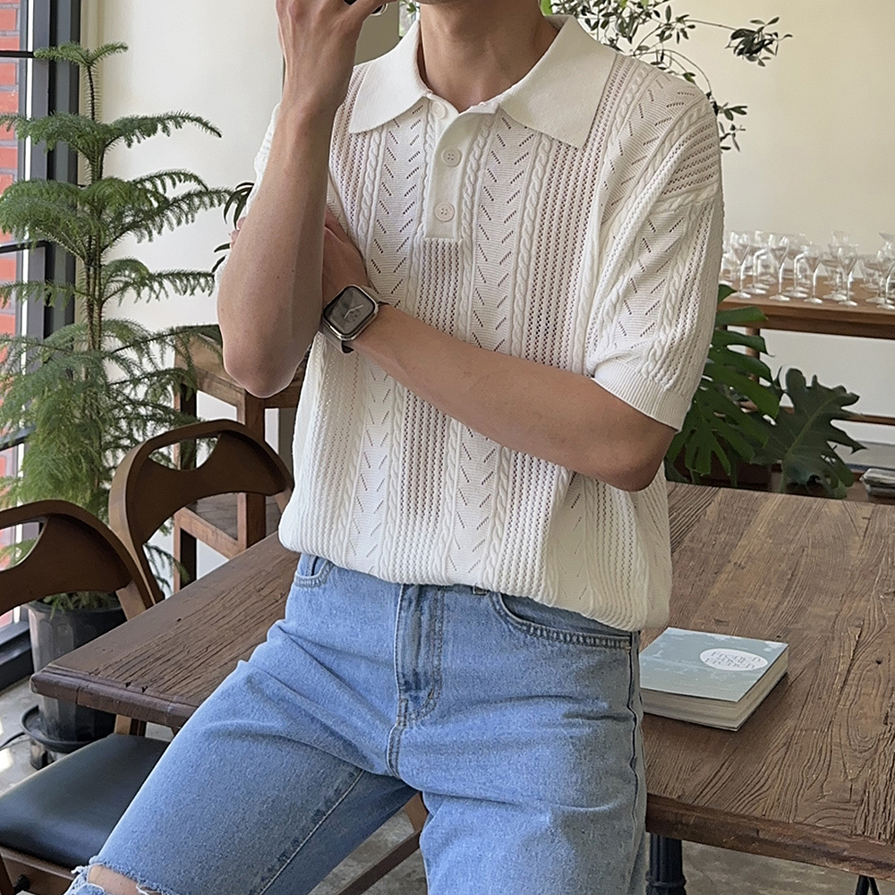 남자 반팔티 오버핏 헨리넥 여름 남성 반팔 카라티 - 상세 이미지 2
