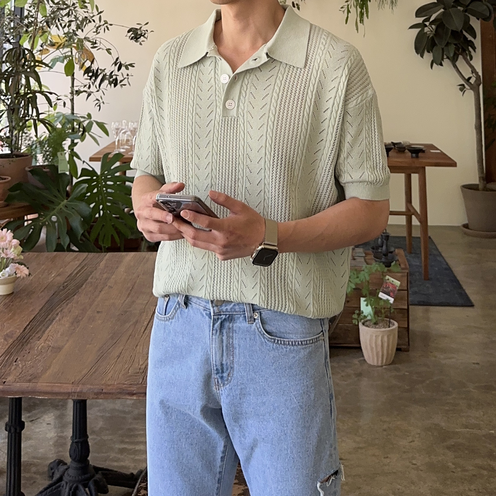 남자 반팔티 오버핏 헨리넥 여름 남성 반팔 카라티 - 상품 이미지