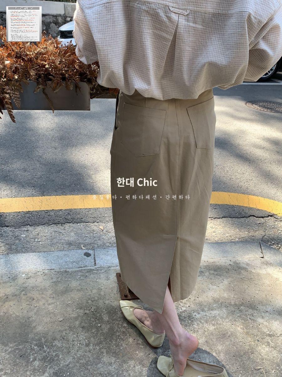 봄여름 하이웨스트 미디 스커트 슬림 트임 라인 힙 카키 - 상세 이미지 4