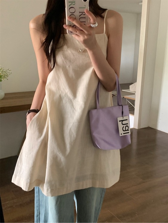 아이브 여름 스퀘어넥 어깨 스트랩 린넨 뒷밴딩 a라인 레이어드 나시 뷔스티에 미니 원피스 - 상품 이미지