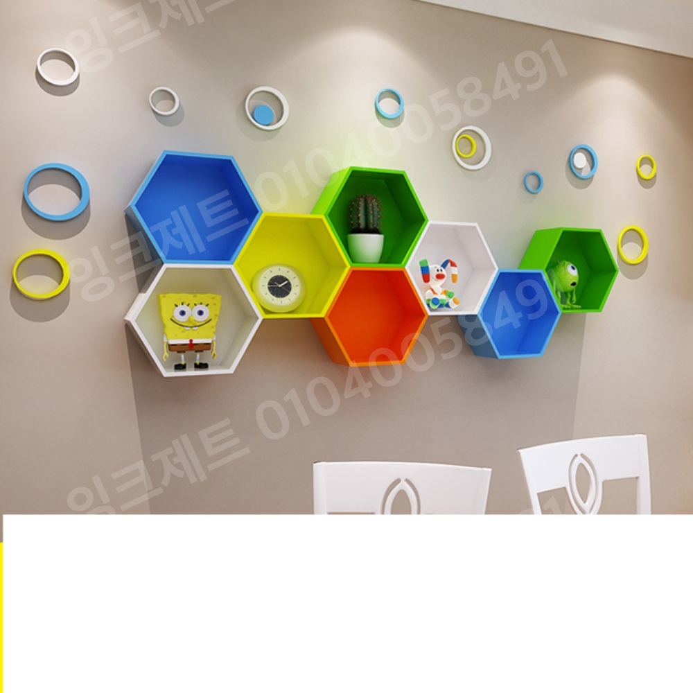 벽면 선반 육각형 핑크 스토리지 벌집 디자인 원목 인테리어 - 상품 이미지