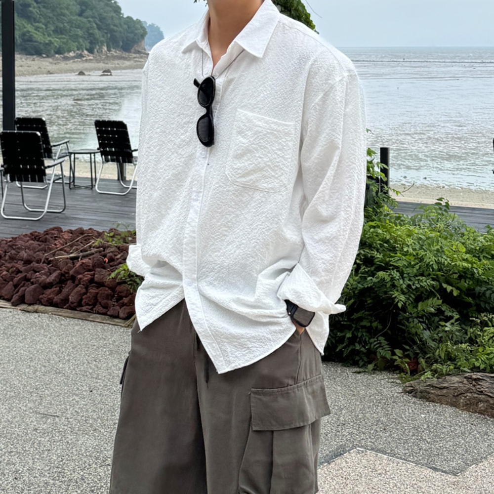 남자 돈렌 오버핏 봄 여름 소프트 시어서커 셔츠 남방 이미지 4