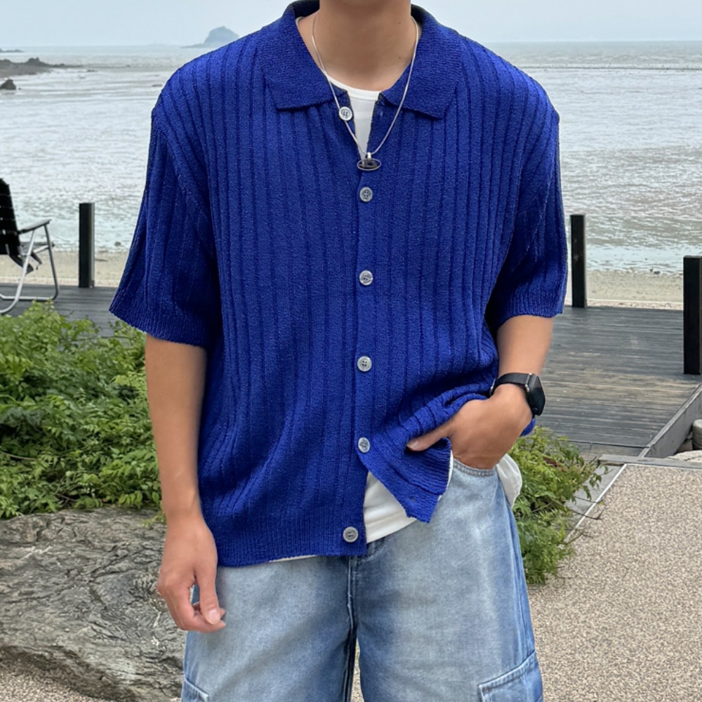 남자 레블 오버핏 여름 린넨 골지 반팔 카라 가디건 - 상세 이미지 2