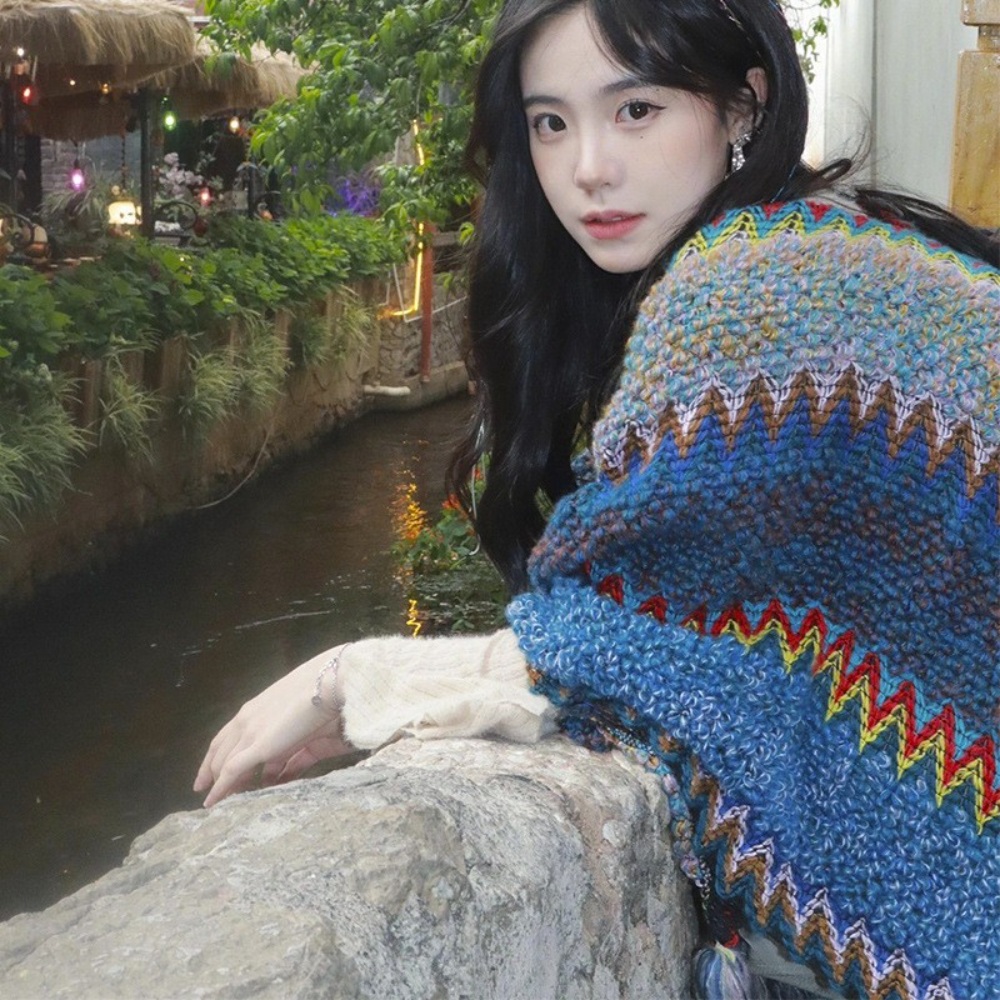 몽골판초 어깨숄 패션 보헤미안 숄 캠핑 여행 후드담요 가디건 망토 담요 - 상세 이미지 4