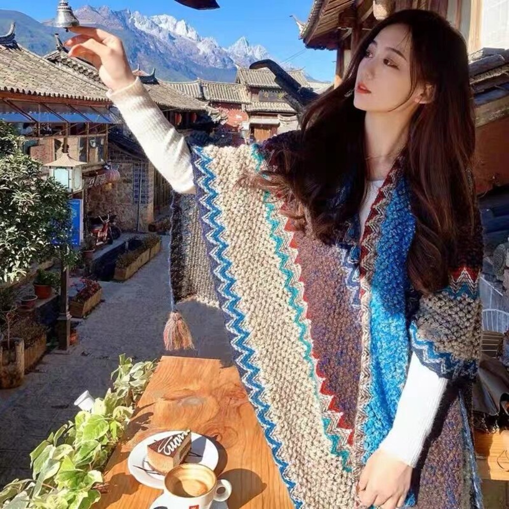 몽골판초 어깨숄 패션 보헤미안 숄 캠핑 여행 후드담요 가디건 망토 담요 - 상세 이미지 3
