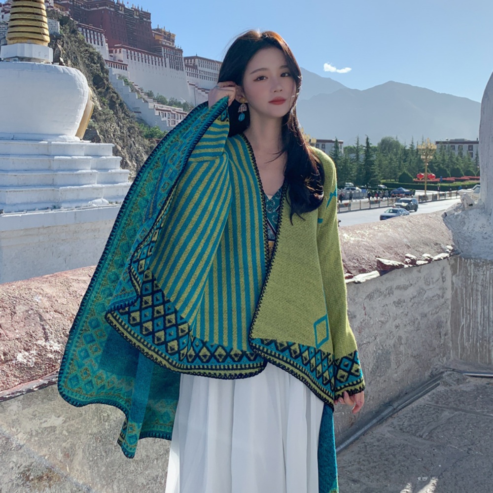 몽골판초 캠핑 여행 후드담요 후드 보헤미안 패션 담요 어깨숄 티베트 숄 - 상세 이미지 4